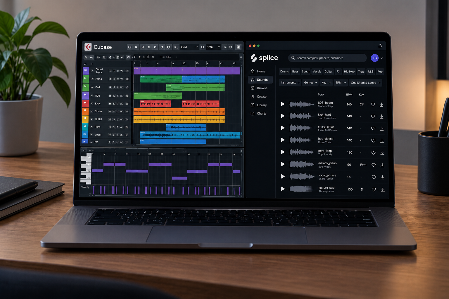 Cubase болон Splice зэрэгцүүлэн нээсэн лаптоп — програмаа суулгаж, тохируулж эхлэх